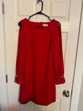 Calvin Klein Bright Red Split Long-Sleeve Shift Dress
